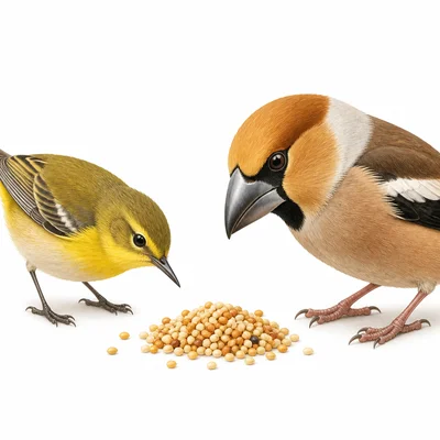 Two birds with different beak shapes beside small soft seeds.