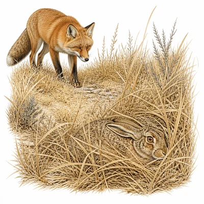 Camouflaged hare blending into dry grass while a predator searches.
