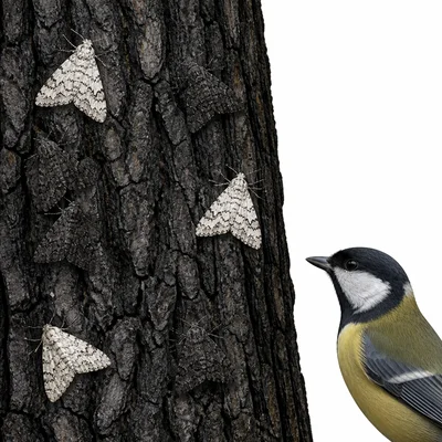 Dark and light moths on dark tree bark with a bird nearby.