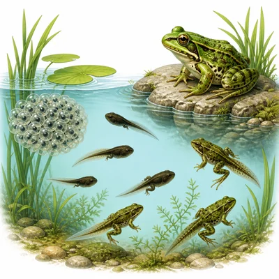 Frog eggs, tadpoles, froglets, and an adult frog in a pond scene.