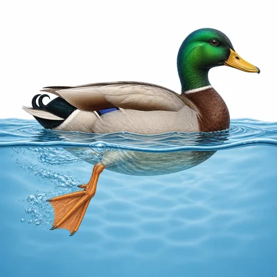 Duck swimming with a visible webbed foot in the water.