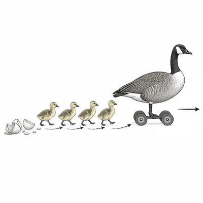 Newly hatched goslings follow a large moving goose-shaped object.