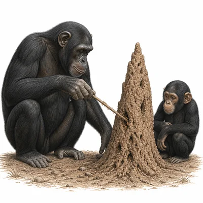 A young chimpanzee watches an adult chimpanzee use a stick to collect termites.