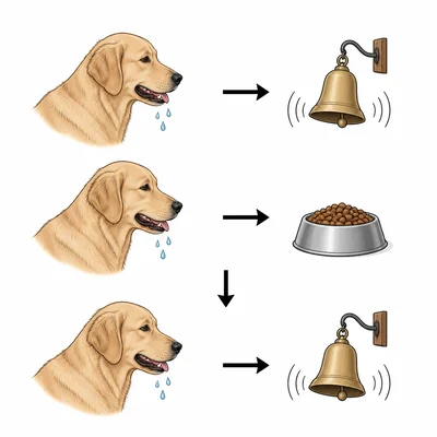 A dog salivates while seeing a bell and food bowl, illustrating conditioning.