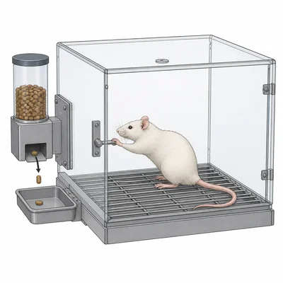 A rat presses a lever in a chamber to receive a food pellet.
