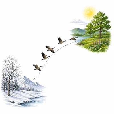 Birds flying from a snowy area to a warmer green area.