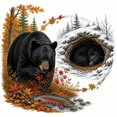 A bear eats food in fall before resting in a snowy winter den.