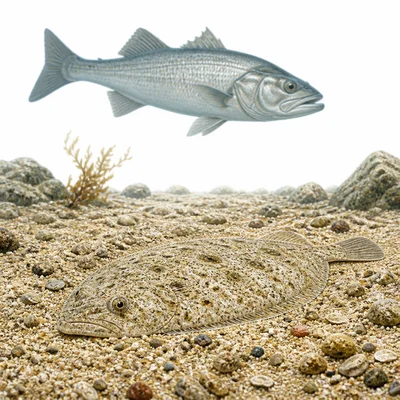 A speckled brown fish blends in with the sandy ocean floor.
