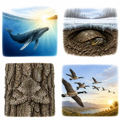 Four animal examples: whale migration, turtle winter rest, bark-like moth camouflage, and geese flying.