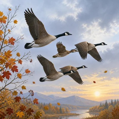A young bird follows older birds during autumn migration cues.