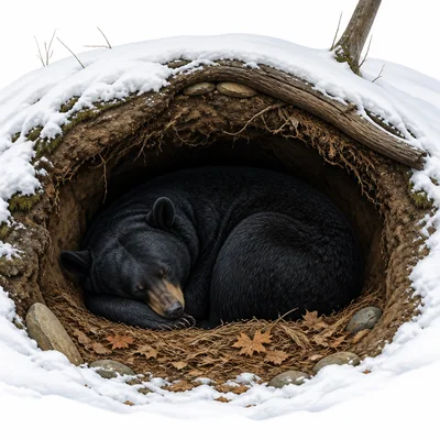 A bear resting in a den during snowy winter.
