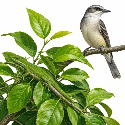A green animal blends in with leaves while a bird looks nearby.