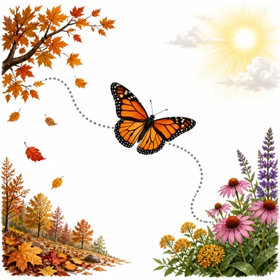 A monarch butterfly travels from an autumn area to a warm flower-filled area.
