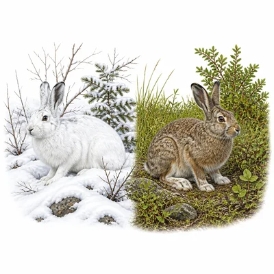 A snowshoe hare blends in with snow in winter and brown ground in summer.