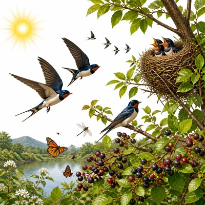 Birds arrive in a warm place with food and a safe nesting area.
