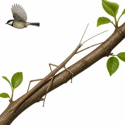 A walking stick insect blends in with a brown tree branch as a bird passes.