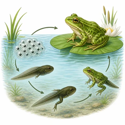 Frog life cycle from eggs to tadpole to adult frog.
