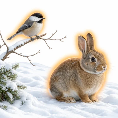 A bird and rabbit staying warm in a snowy setting.
