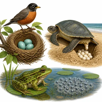 Bird, turtle, and frog shown with different kinds of eggs.