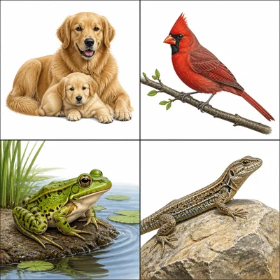 Four animal group examples: mammal, bird, amphibian, and reptile.