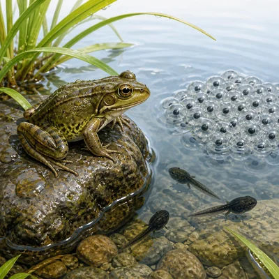 Moist amphibian beside jelly-like eggs in water.