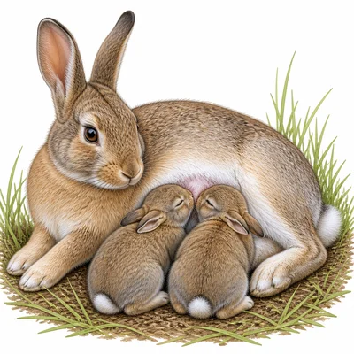 Mother rabbit with fur nursing baby rabbits.