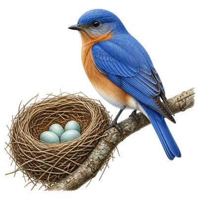 Bird with feathers, beak, wings, and eggs in a nest.