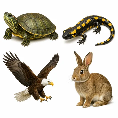 Turtle, salamander, eagle, and rabbit shown separately.
