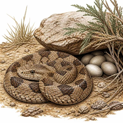Scaled snake on land near a clutch of eggs.