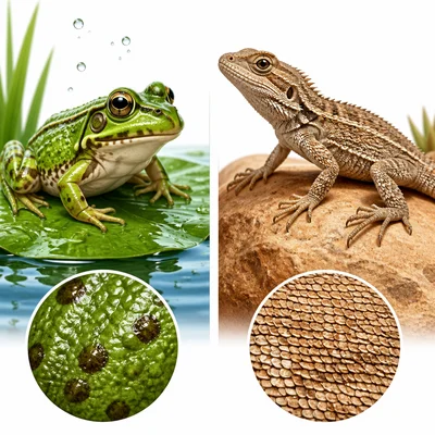 Moist frog skin compared with dry scaly lizard skin.