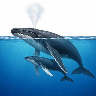 Whale breathing air at the surface with a calf nearby.