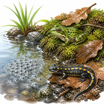 Frog and salamander in a damp pond habitat with eggs in water.