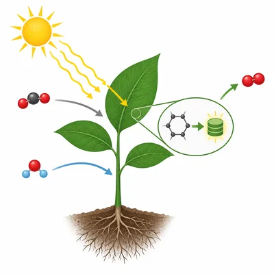 Diagram of sunlight entering a plant and being transformed into stored chemical energy during photosynthesis.