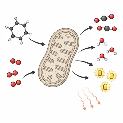 Diagram of cellular respiration in a mitochondrion transforming glucose and oxygen into carbon dioxide, water, ATP-like energy packets, and heat.