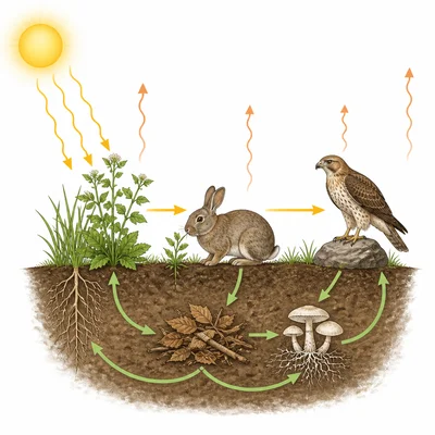 Diagram showing matter cycling in an ecosystem while energy flows through and leaves as heat.