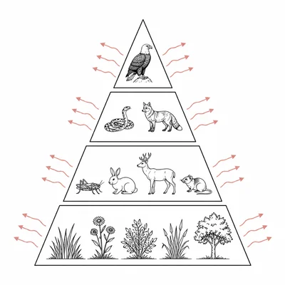 Energy pyramid showing decreasing energy at higher trophic levels and heat loss from each level.