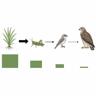 Food chain diagram showing energy decreasing through four trophic levels.