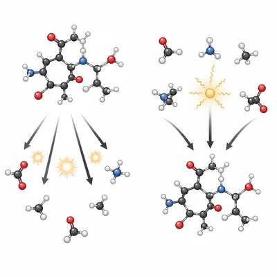 Diagram contrasting breakdown of molecules releasing energy with synthesis of molecules requiring energy.
