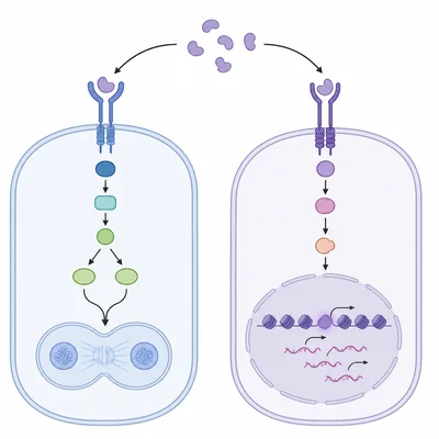 The same signaling molecule triggers different pathways in two cell types, causing division in one and gene expression changes in another.