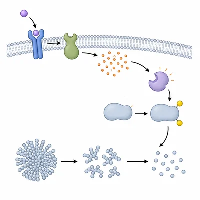 A receptor activates a membrane enzyme, second messengers activate a kinase, and glycogen is broken down into smaller particles.