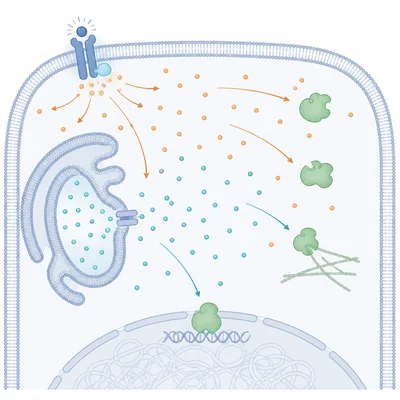 Second messengers spread through the cytoplasm from membranes and internal stores to activate target proteins.