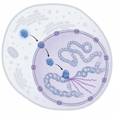 An activated transcription factor enters the nucleus, binds chromatin, and promotes RNA production.