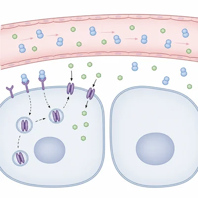 Insulin molecules pass by cells, but only cells with matching receptors increase glucose uptake.