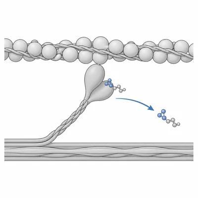 ATP interacting with a myosin head during muscle contraction.