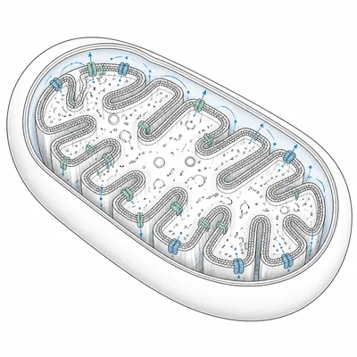 Cutaway mitochondrion showing folded inner membranes where oxidative phosphorylation occurs.