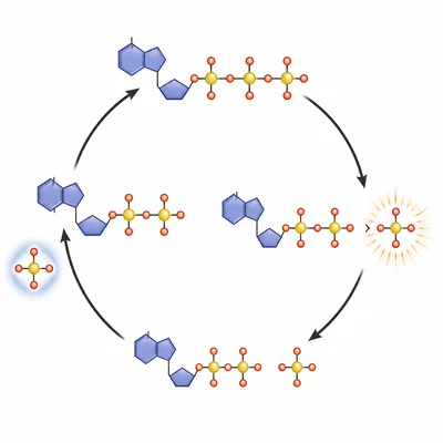 Circular cycle showing ATP breaking into ADP and phosphate, then reforming ATP.