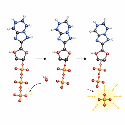 ATP hydrolysis showing a terminal phosphate separating and energy being released.