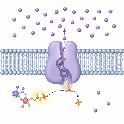 ATP-powered membrane pump moving sodium ions out of a cell against a gradient.
