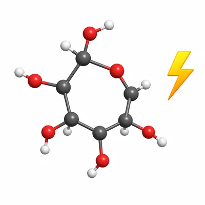 A simplified glucose-like sugar ring molecule with an energy symbol.