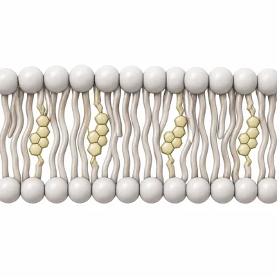 Cholesterol molecules positioned between phospholipid tails in an animal membrane.
